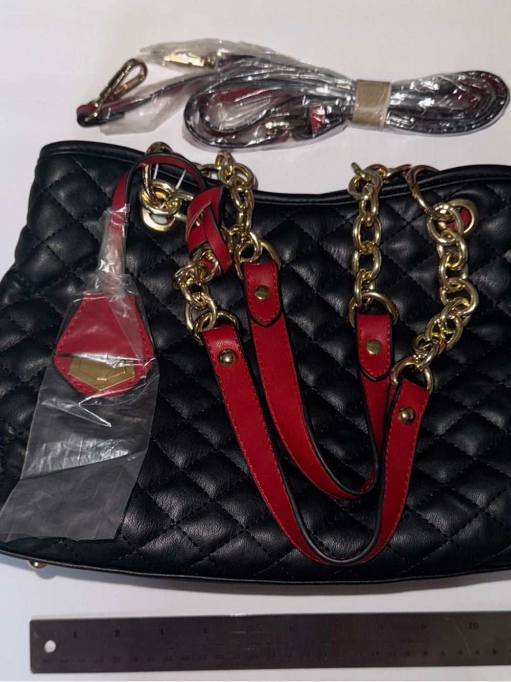 New Black Faux Leather Tote with Red Trim and Gold Chain - Designer Style
